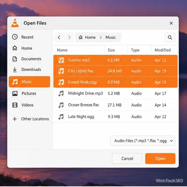 Illustrative Linux file chooser in the Music folder with three audio files selected