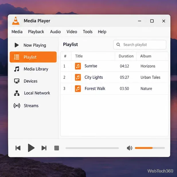 Illustrative VLC playlist pane with three music tracks listed in playback order