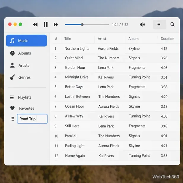 Illustrative playlist name field in the sidebar being changed to Road Trip