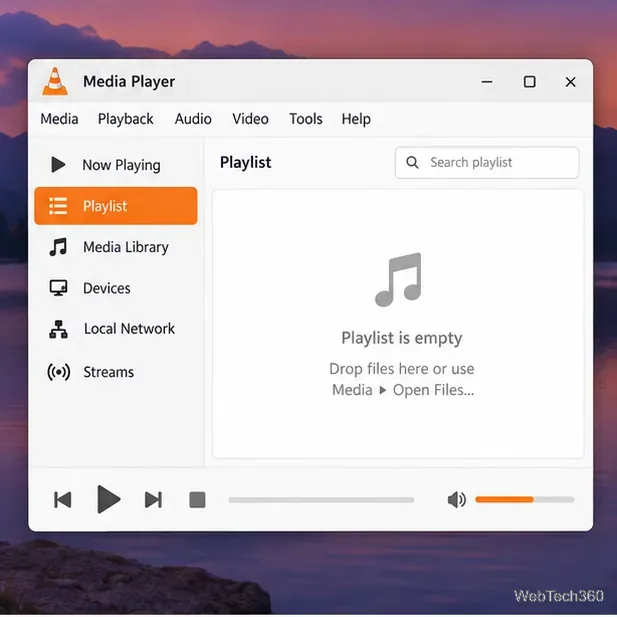 Illustrative VLC playlist view showing an empty playlist pane and the Media menu