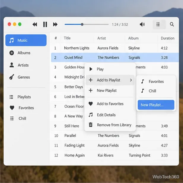 Illustrative track context menu with Add to Playlist and New Playlist options
