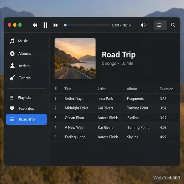Illustrative named Road Trip playlist with five tracks listed in order