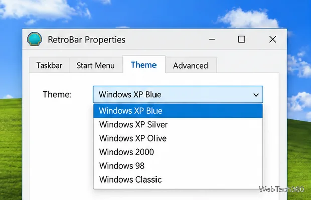 Listă de teme RetroBar Properties cu Windows XP Blue selectat
