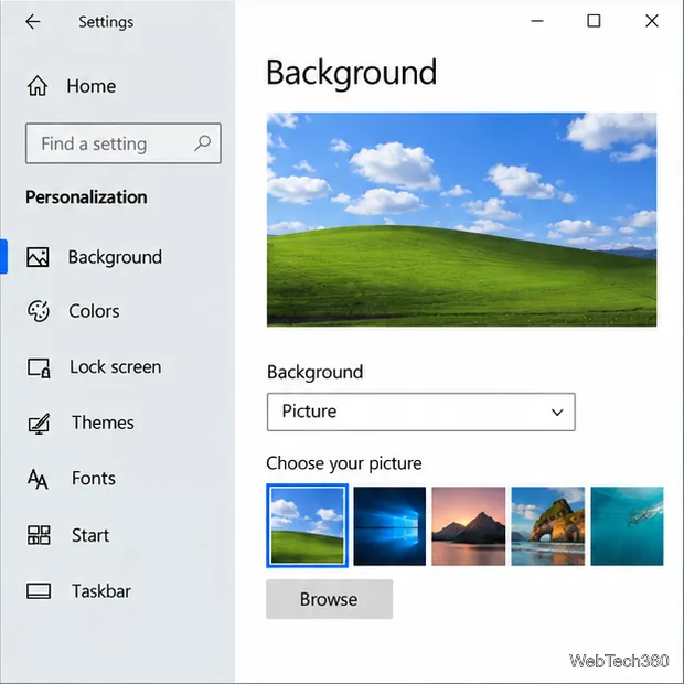 Setări de fundal Windows 10 cu Imagine selectată și o previzualizare a imaginii de fundal Green-Hill