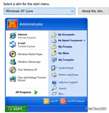 Selector de skin Open-Shell care afișează Windows XP Luna deasupra unei previzualizări a meniului albastru cu două coloane