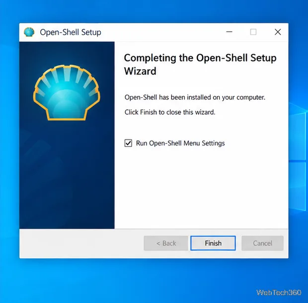 Fereastra de finalizare a configurării Open-Shell cu opțiunea de a rula Setări meniu Open-Shell bifată