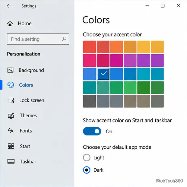 Setările de culori din Windows 10 cu un accent albastru selectat și accentul Start și bara de activități activat