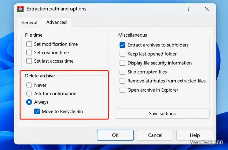 Les options d'extraction avancées de WinRAR proposent : « Jamais », « Demander confirmation », « Toujours » et « Déplacer vers la corbeille ».