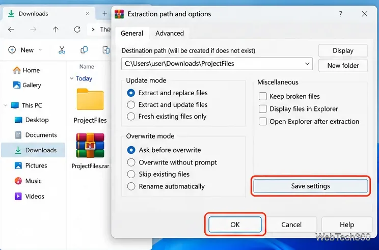 Options d'extraction WinRAR dans Général, avec les boutons Enregistrer les paramètres et OK mis en évidence