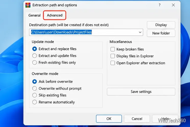 Fenêtre du chemin d'extraction et des options de WinRAR, l'onglet Avancé étant sélectionné à côté de Général.