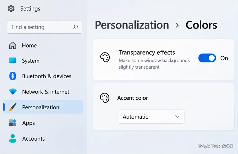 Configurações do Windows em Personalização e Cores, com os efeitos de transparência ativados.