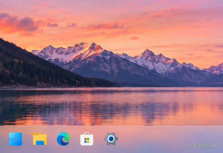 Uma área de trabalho do Windows com uma barra de tarefas translúcida sobre um papel de parede aconchegante com montanhas e lagos.