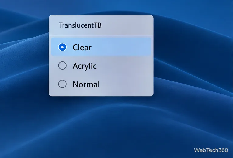 Menu de contexto TranslucentTB com Clear selecionado acima de Acrylic e Normal