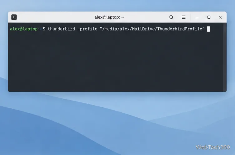 Terminalul Linux cu Thunderbird a pornit folosind calea de profil de pe o unitate USB.