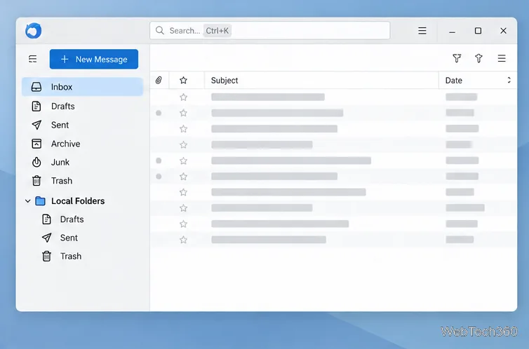 Fereastra Inbox a Thunderbird cu numele folderelor în stânga și rândurile de mesaje anonimizate în dreapta.