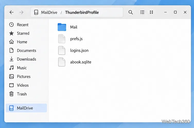 Dosar USB numit ThunderbirdProfile care conține elemente comune ale profilului Thunderbird.