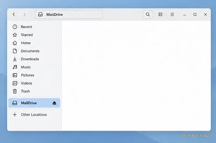 Manager de fișiere Linux cu volumul USB MailDrive selectat și controlul său de ejectare vizibil.