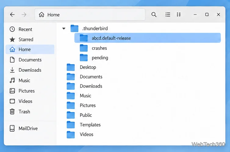Manager de fișiere Linux cu directorul ascuns .thunderbird extins și un folder de profil activ selectat.