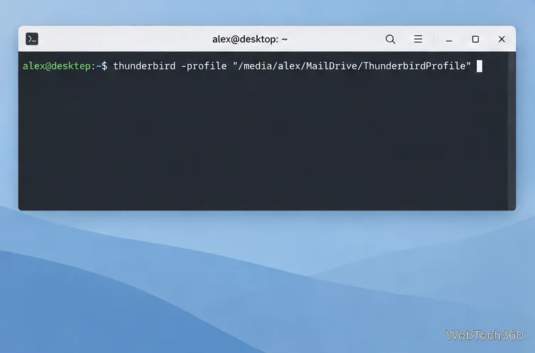 Un al doilea desktop Linux care afișează comanda pentru lansarea Thunderbird cu profilul USB.