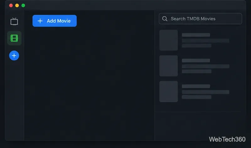 Conceptual Tbinge Movies section with an Add Movie control and TMDB Movies search panel.