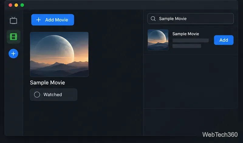 Conceptual Tbinge movie result beside a movie card with its Watched control.
