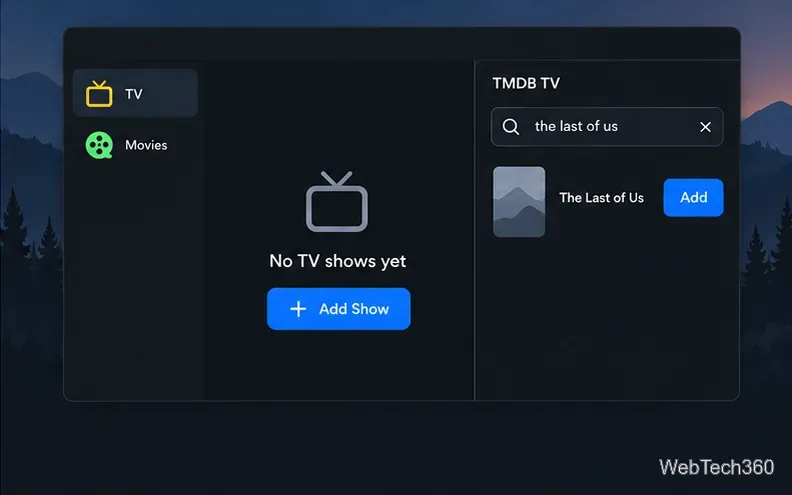 Conceptual TMDB TV search result with an Add button beside a matching show.