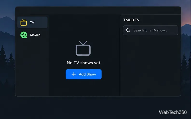 Conceptual Tbinge TV library with a blue add control and a TMDB TV search panel.