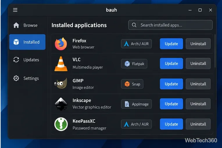 Bauh installed applications view with Update and Uninstall controls for multiple package formats