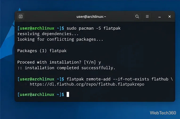 Arch Linux terminal installing Flatpak and adding the Flathub remote