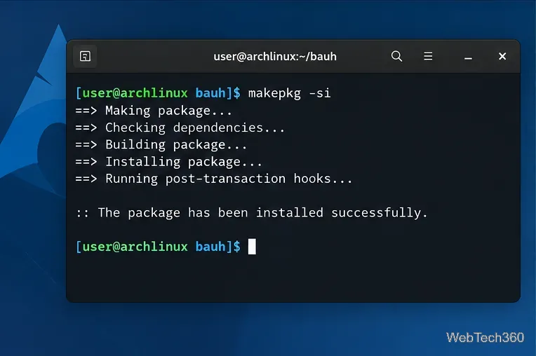 Arch Linux terminal building and installing bauh with makepkg