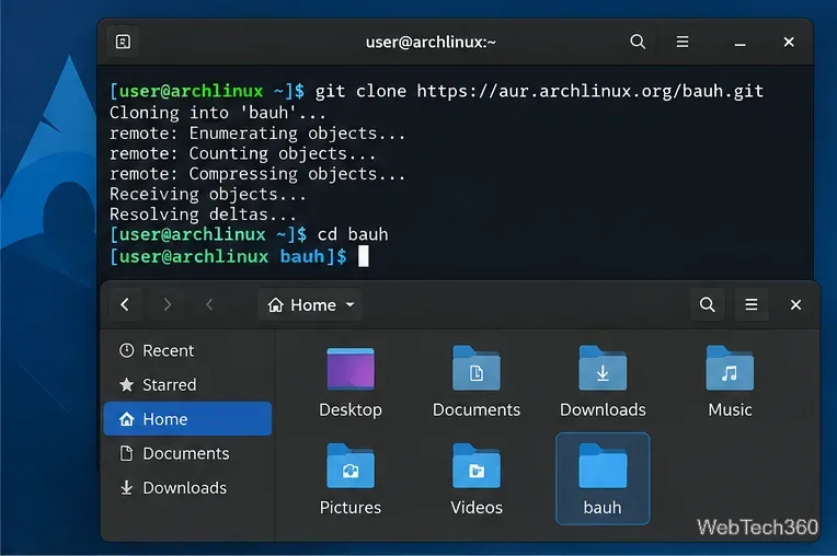 Arch Linux terminal cloning the bauh AUR package and opening the bauh folder
