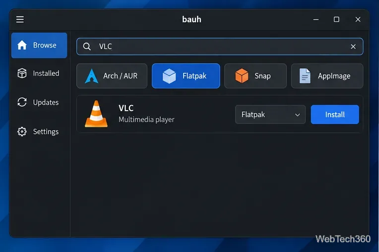 Bauh search view showing a Flatpak result and an Install button