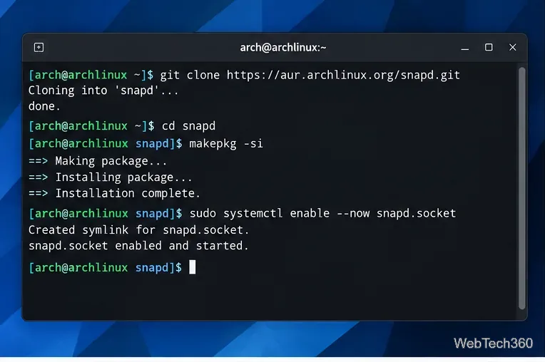 Arch Linux terminal building snapd from the AUR and enabling snapd.socket