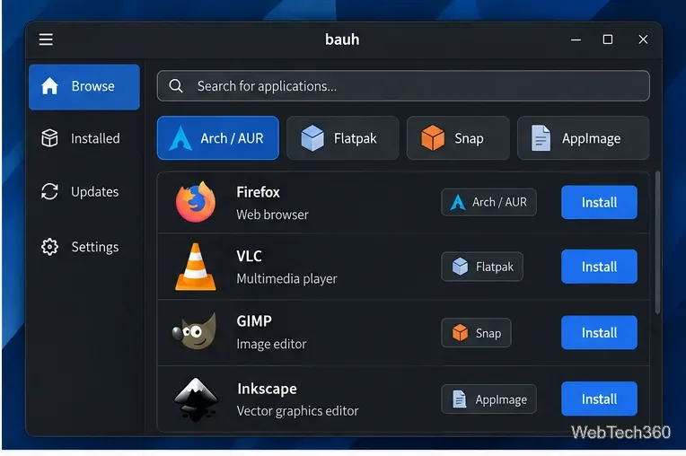 Dark bauh application browser showing Arch AUR Flatpak Snap and AppImage format filters