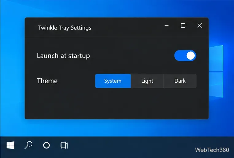 Paramètres de Twinkle Tray affichant le lancement au démarrage et les choix de thèmes Système, Clair et Sombre
