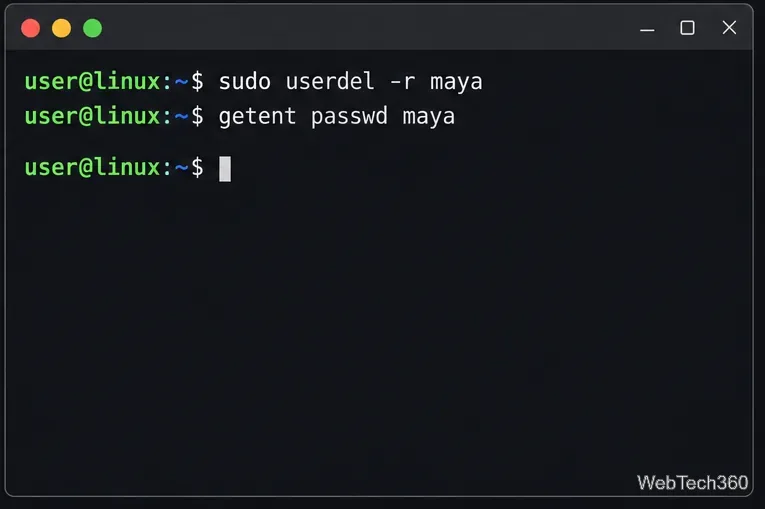 Linux terminal deleting maya and her home directory with userdel -r, then checking the account database