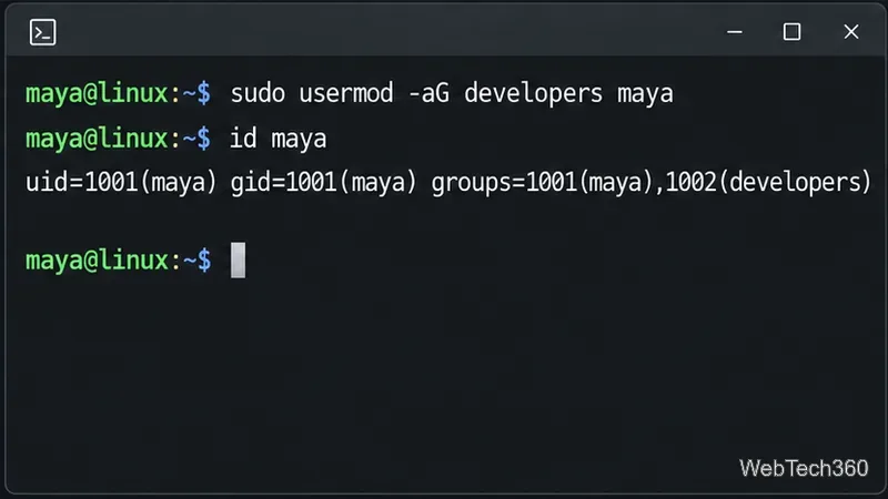 Linux terminal using usermod with the append option to add maya to developers and verifying with id