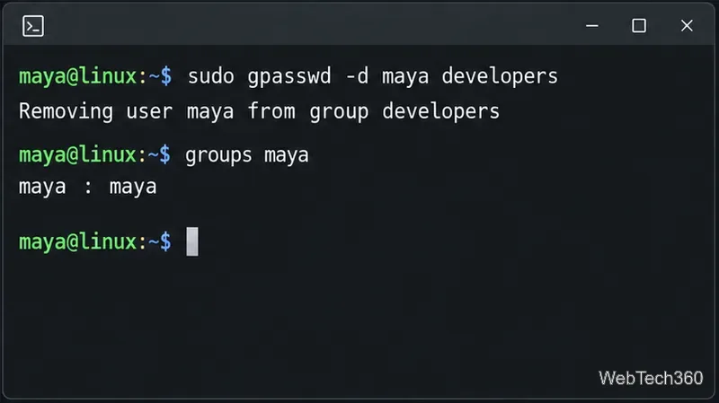 Linux terminal removing maya from the developers group with gpasswd and checking her remaining groups