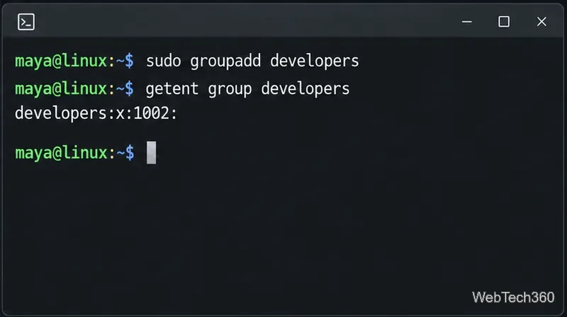 Linux terminal creating the developers group with groupadd and confirming it with getent