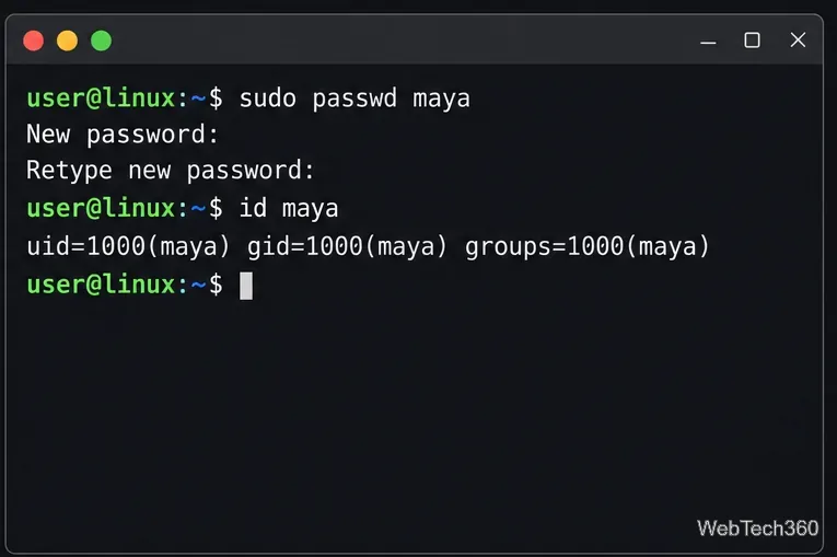 Linux terminal setting a password for maya and verifying the new account with id