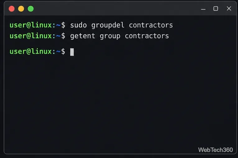Linux terminal removing the contractors group with groupdel and checking that it no longer resolves