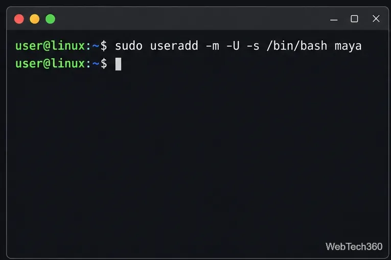 Linux terminal creating the maya account with useradd, a home directory, and a same-name group