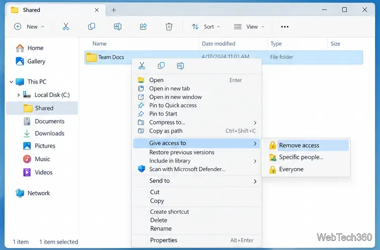 Explorador de archivos Otorgar acceso al menú que muestra Eliminar el acceso a la carpeta compartida seleccionada