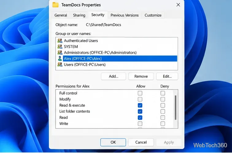 La pestaña Seguridad de la carpeta de Windows muestra los permisos NTFS de solo lectura asignados a Alex.