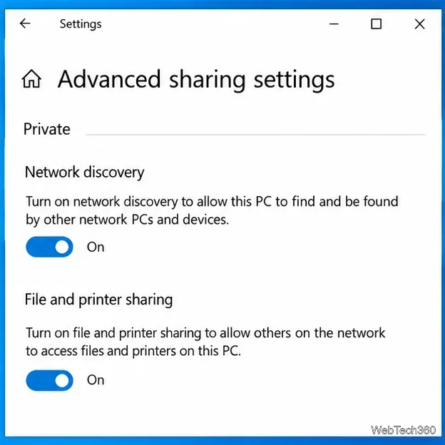 Windows 10 Advanced sharing settings with Network discovery and File and printer sharing turned on for a private network.