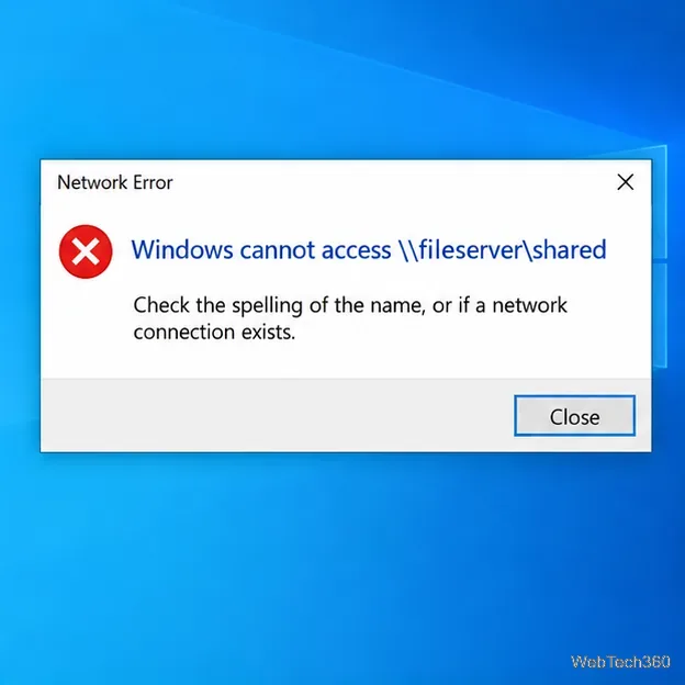 A Windows network error stating that Windows cannot access the example shared-folder path.