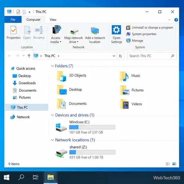 File Explorer showing a mapped shared folder named shared with drive letter Z under Network locations.
