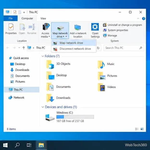 The Map network drive command open from the Windows 10 Computer ribbon.
