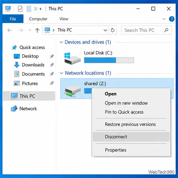File Explorer context menu for a mapped network drive with Disconnect selected.