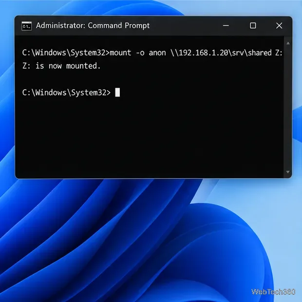 Administrator Command Prompt showing an NFS mount command and a confirmation that drive Z is mounted.